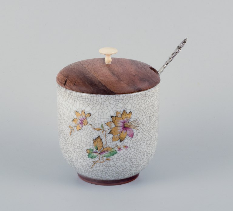 Bing & Grøndahl, jam jar in crackle porcelain with matching wooden lid and a Georg Jensen jam spoon.