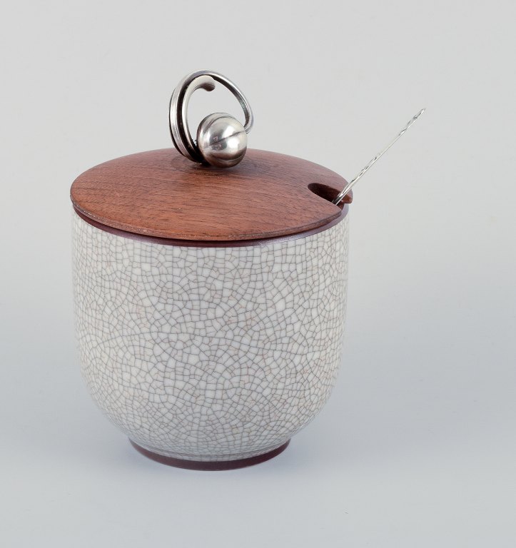 Bing & Grøndahl, marmalade jar in crackle porcelain with wooden lid by Hugo Grün, flower knob in 830 silver.