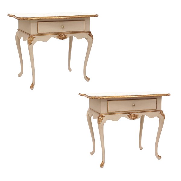Pair of ivory white Rococo console tables with drawers and gilt carvings. Can be used freestanding. Denmark circa 1760. H: 77cm. Top: 61x94cm