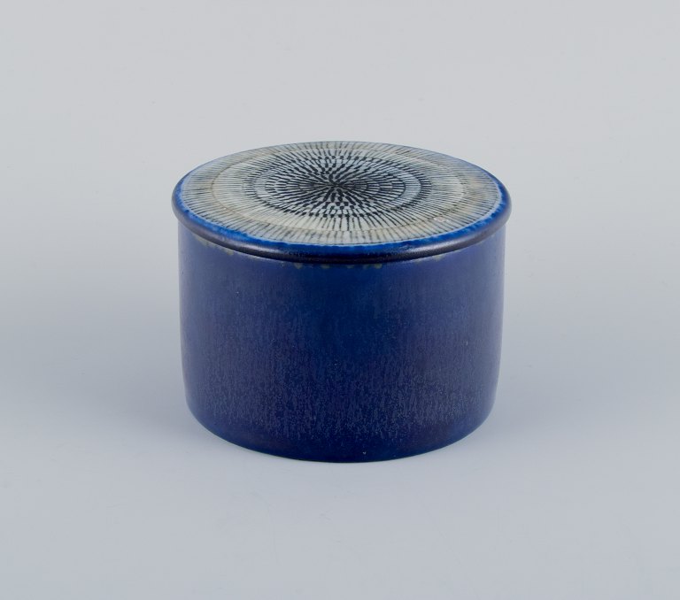 Herta Bengtsson for Rörstrand, a rare lidded ceramic jar with blue-toned glaze. Pattern on the top of the lid.