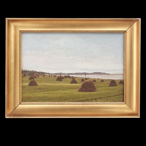 Vilhelm Kyhn maleri. Vilhelm Kyhn, 1819-1903, høstlandskab, olie på lærred. Signeret og dateret 14/8 1861. Lysmål: 21x31cm. Med ramme: 30x40cm