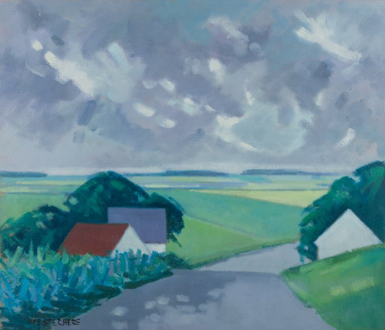 K. Westerberg alias Knud Horup, dansk kunstner, olie på lærred. Modernistisk stil. Landskab med huse og landevej.