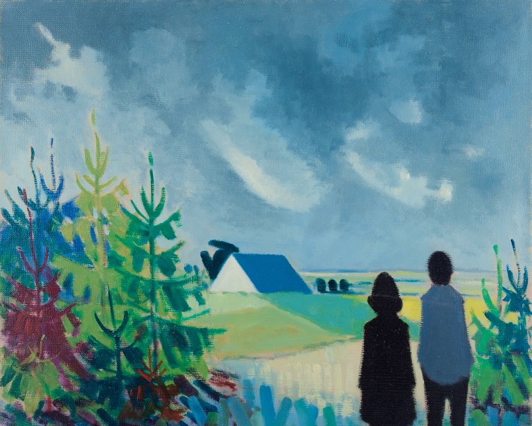 K. Westerberg alias Knud Horup, dansk kunstner, olie på lærred. Modernistisk stil. Landskab med personer.