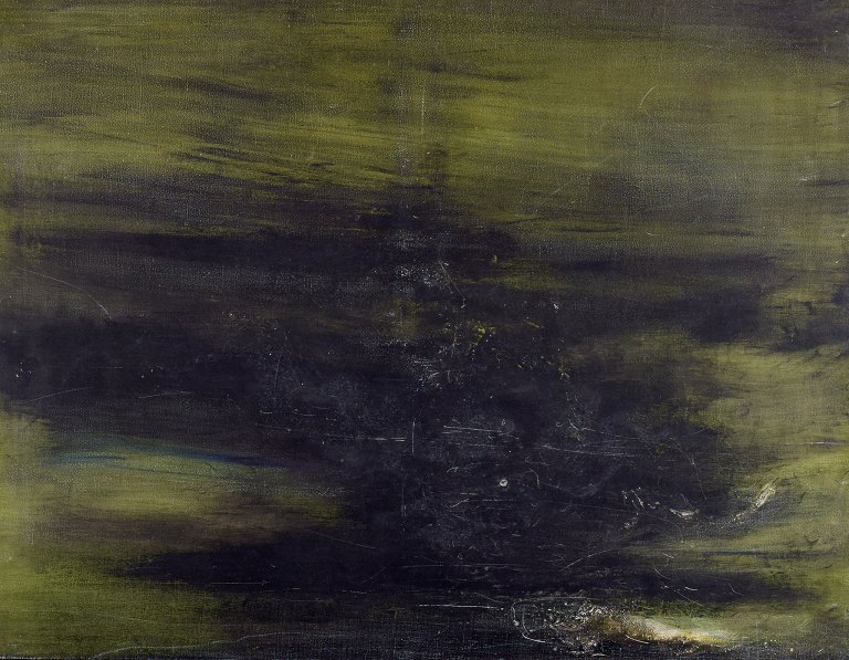 Maurice Rey (1930), spansk/fransk kunstner, olie på lærred. Abstrakt komposition. Stilrent maleri i grønne og sorte toner.