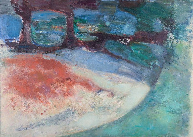 Inga Larsson (1927-2005), listed Swedish artist, oil on canvas. Modernist park scene.