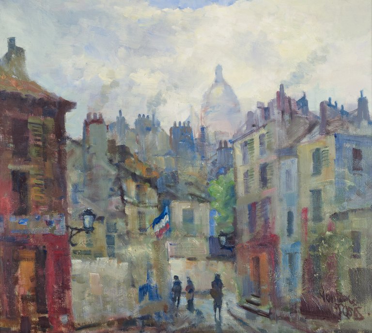 Mogens Vantore (1895-1977), listed Danish artist, oil on canvas.Cityscape from Montmartre, Paris. Figures in the foreground and Sacré-Cœur in the background.