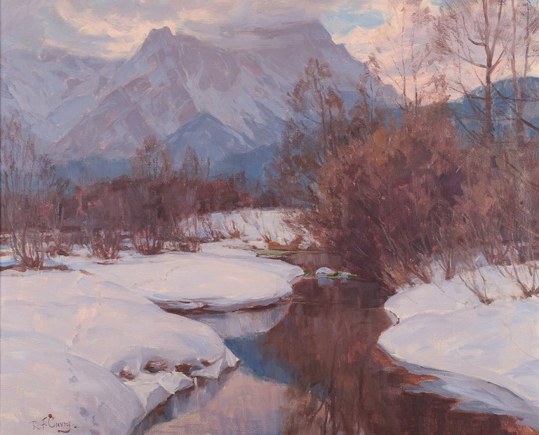Robert Franz Curry (1872-1945), listed American artist, oil on canvas.Winter landscape with mountains in the background.