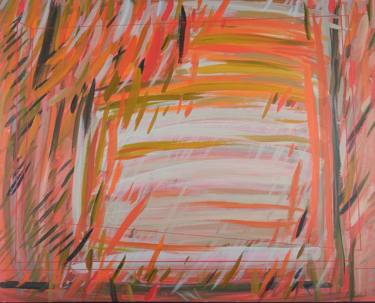 Monique Beucher (1934), fransk kunstner. Gouache på lærred.Abstrakt komposition. Koloristisk palette.
