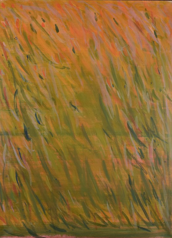 Monique Beucher (1934), fransk kunstner.Gouache på lærred. Abstrakt komposition. Koloristisk palette.
