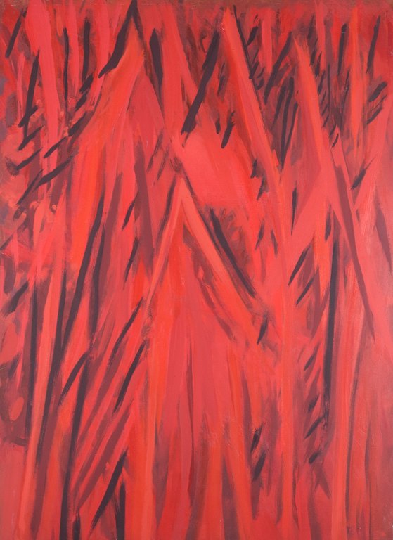 Monique Beucher (1934), fransk kunstner.Gouache på lærred. Abstrakt komposition. Koloristisk palette.