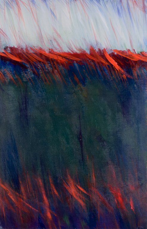 Monique Beucher (1934), fransk kunstner. Gouache på lærred.Abstrakt komposition. Koloristisk palette.
