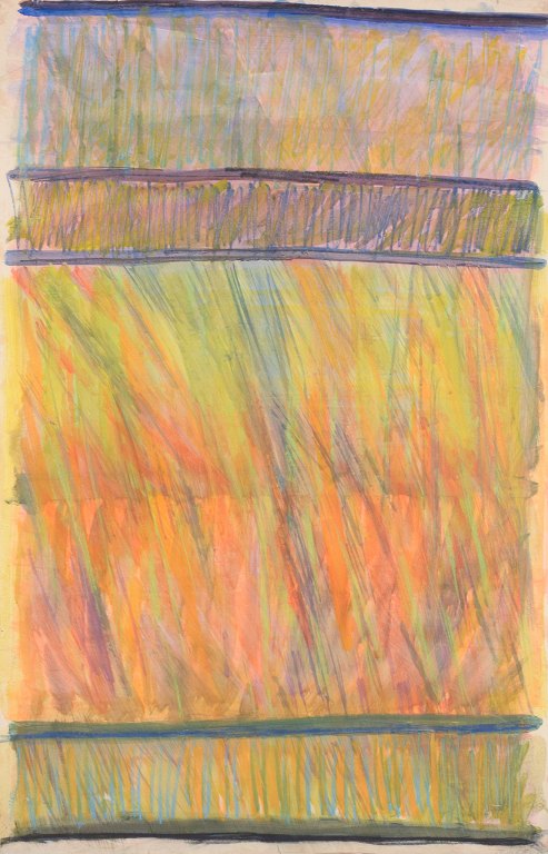 Monique Beucher (1934), fransk kunstner.Gouache på papir opsat på lærred.Abstrakt komposition. Koloristisk palette.