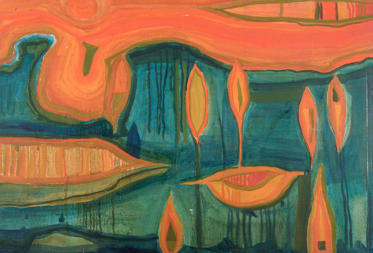 Monique Beucher (1934), French artist. Oil on canvas.Abstract composition. Colorful palette.