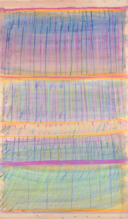Monique Beucher (1934), French artist.Gouache on paper mounted on canvas.Abstract composition. Colorful palette.