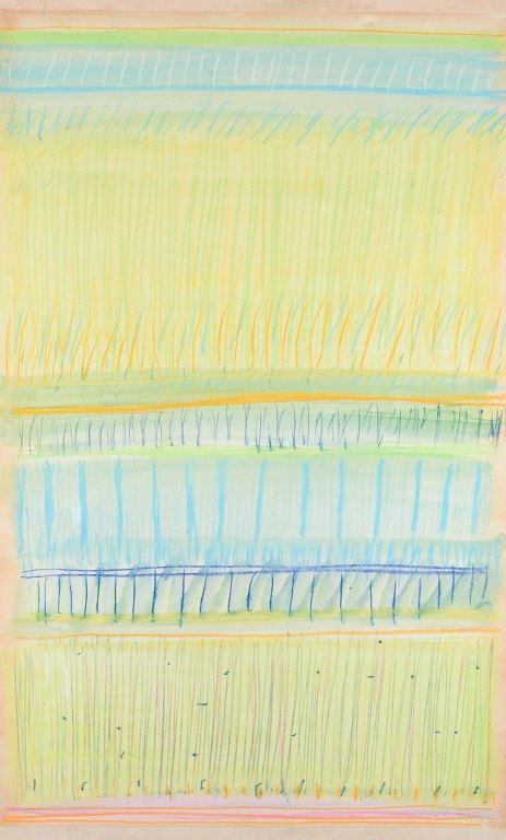 Monique Beucher (1934), French artist.Gouache on paper mounted on canvas.Abstract composition. Colorful palette.