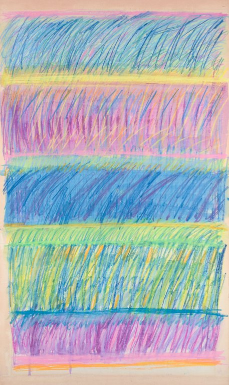 Monique Beucher (1934), French artist.Gouache on paper mounted on canvas.Abstract composition. Colorful palette.