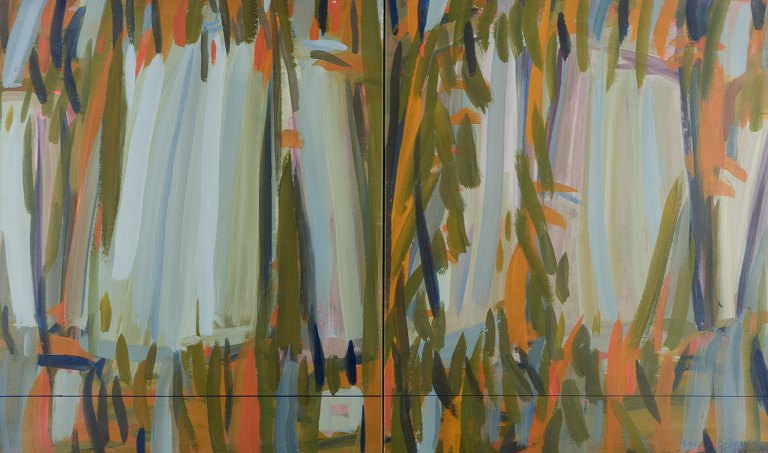 Monique Beucher (1934), fransk kunstner.Olie på todelt lærred. Abstrakt komposition. Koloristisk palette.