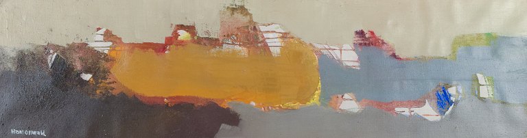 Hans Osswald, svensk kunstner, olie på lærred, abstrakt komposition.Titel ”Då Hösten kommer sollerön”