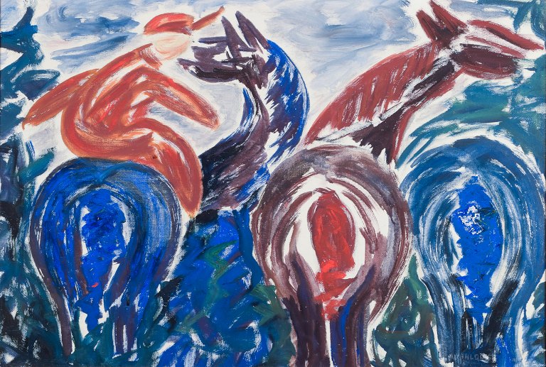Gunney Wahlquist (1931-2019) , listed Swedish artist, oil on canvas.Modernist painting, jockey and horses.