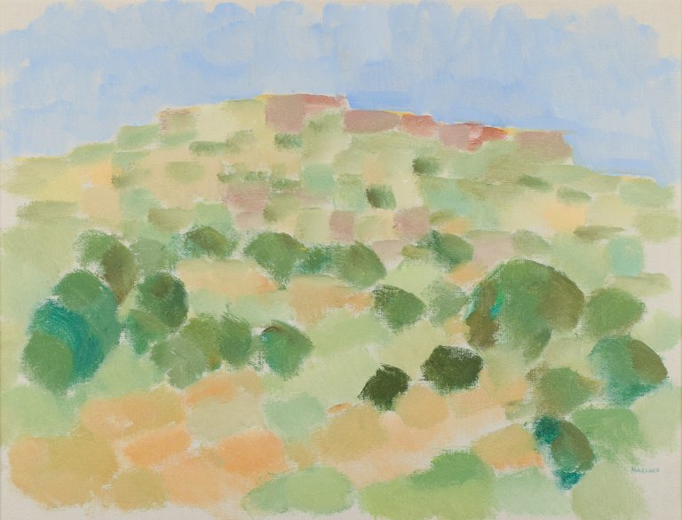 Sven Markhed (1925-1996), listed Swedish artist.Modernist landscape in bright summer tones.