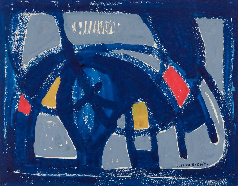 Olivier Herdies (1906-1993), fransk kunstner, olie på papir sat på plade.Abstrakt komposition.