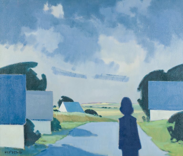 K. Westerberg, also known as Knud Horup, Danish artist, oil on canvas. Modernist style. Landscape with figure on road.