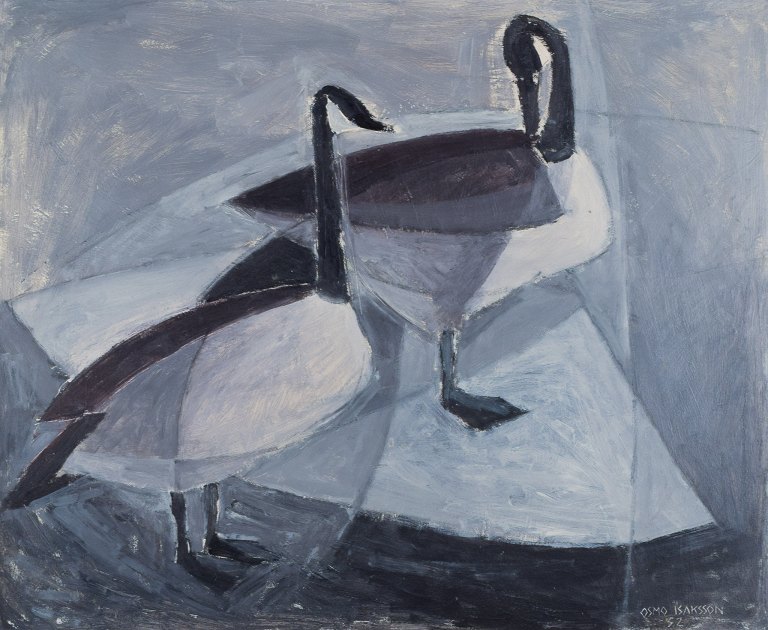 Osmo Isaksson (1918-1997), finsk-svensk kunstner, olie på plade. Modernistisk maleri med fugle på sø.