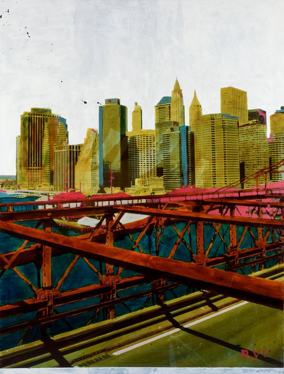 Ayline Olukman, French artist, born 1981 "The Bridge, NYC", mixed media.New York skyline.