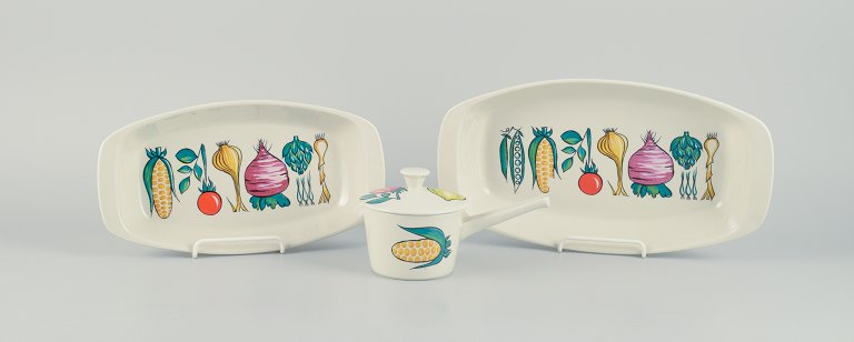 Villeroy & Boch, Luxembourg, three pieces of "Primabella" stoneware, including two dishes and a small casserole, featuring various vegetable motifs.