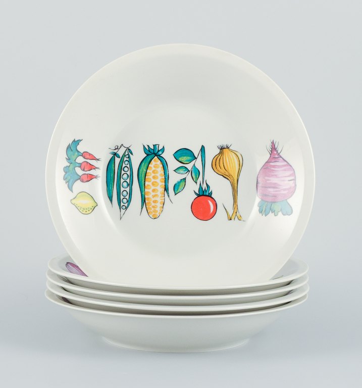 Villeroy & Boch, Luxembourg, five deep plates in stoneware featuring various vegetable motifs. "Primabella" collection.