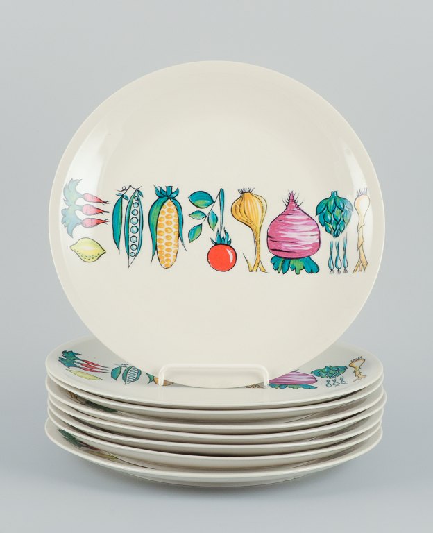 Villeroy & Boch, Luxembourg, otte ”Primabella” middagstallerkner i stentøj med motiv af forskellige grøntsager.