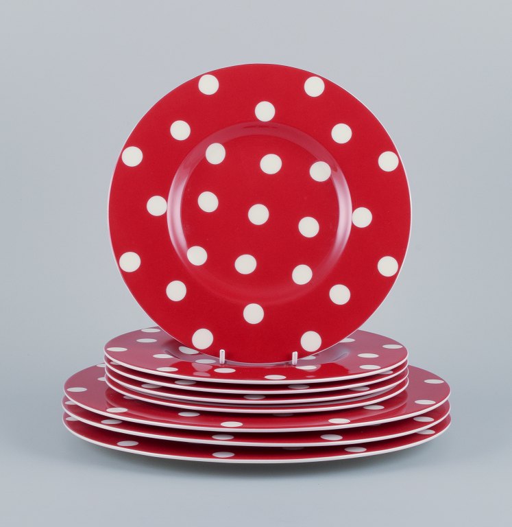 Royal Fine China, a set of eight "Freshness Dots Red" plates. Three dinner plates and five lunch plates.