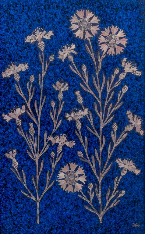 Heinz Erret (1920-2003) for Gustavsberg, Sweden.Large wall relief in stoneware decorated with silver flowers on a dark blue background.