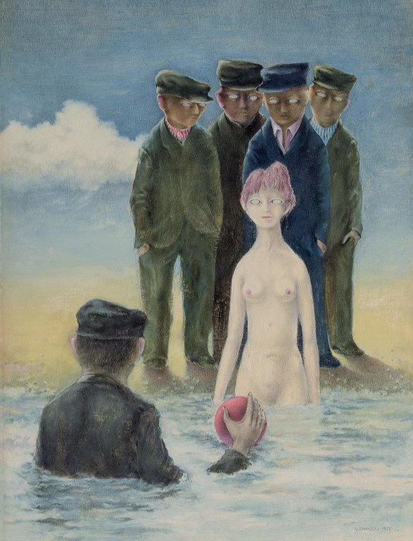 Uwe Bahnsen (1930-2013), German artist. Oil on paper. Surrealist painting with figures.