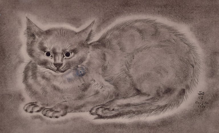 Foujita Tsuguhanu (1886-1968), etching on paper laid on board. Trial proof. Portrait of a cat.