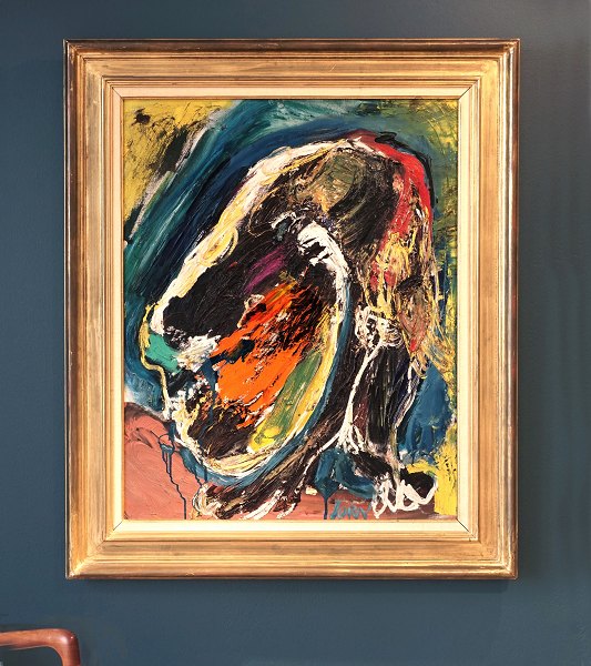 Asger Jorn maleri. Asger Jorn , 1914-73, olie på lærred. "Dompteur de Dames". Signeret Jorn. Betitlet og dateret 1961 på bagsiden. Lysmål: 91x73cm