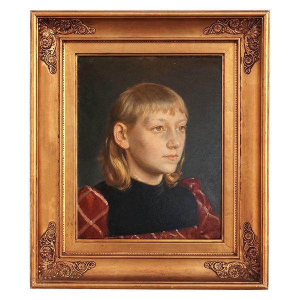Michael Ancher, 1849-1927, oil on plate. Portrait of a girl. Signed M. Ancher. Visible size: 35x27cm. With frame: 50x42cm