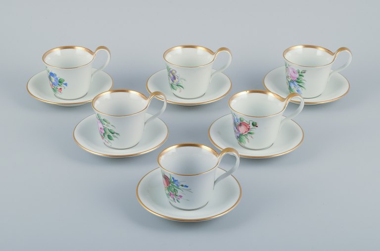 Bing & Grøndahl, a set of six antique coffee cups with high handles and  saucers. Hand-painted with polychrome flower decoration.