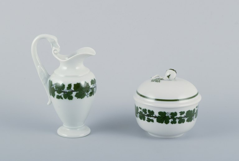 Meissen, Germany, Green Ivy Vine, sugar bowl and creamer with swan-shaped handles. Hand-painted.