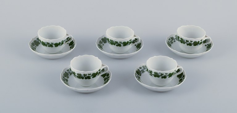 Meissen, Germany, Green Ivy Vine, a set of five demitasse cups with matching saucers. Hand-painted.