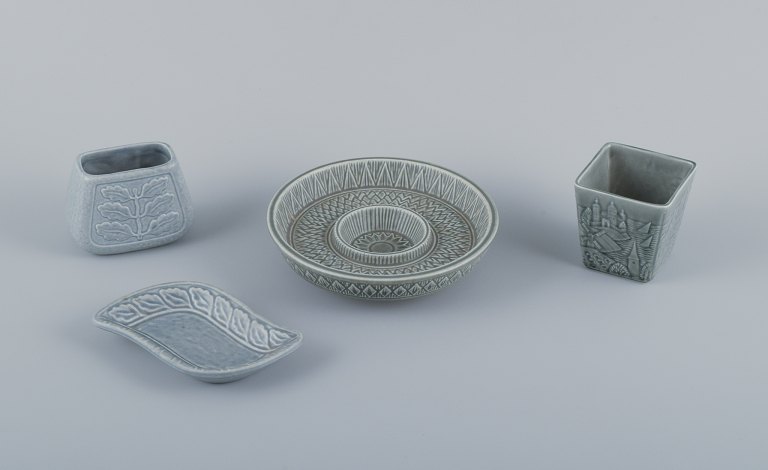 Gunnar Nylund for Rörstrand, four pieces of ceramic with glaze in gray tones. Two small vases and two bowls.