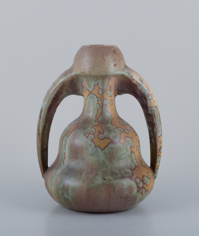 Desvres Fourmaintraux Delassus, France. Ceramic vase with handles in Crystal glaze. Art Nouveau.