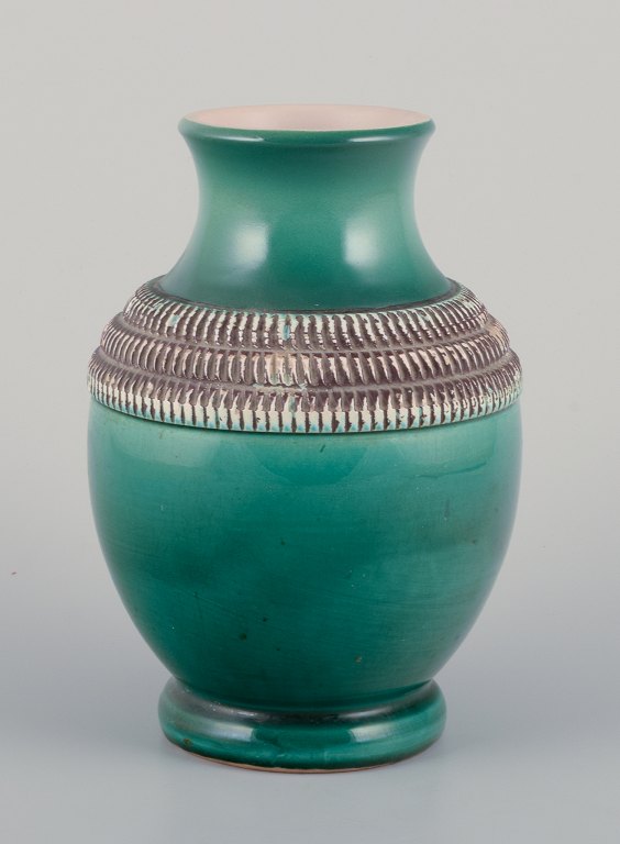 Pol Chambost (1906-1983), French ceramist.Hand-decorated ceramic vase with green-toned glaze.
