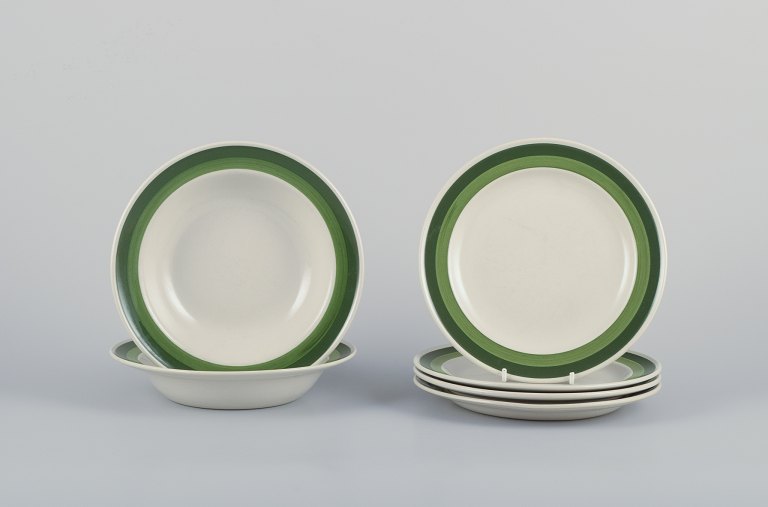Stig Lindberg for Gustavsberg, "Bodega". Four dinner plates and two deep plates in stoneware. Stylish Scandinavian design.