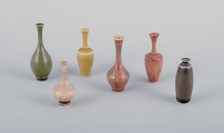 John Andersson for Höganäs, Sweden. A collection of six unique miniature ceramic vases in different shapes and glazes.