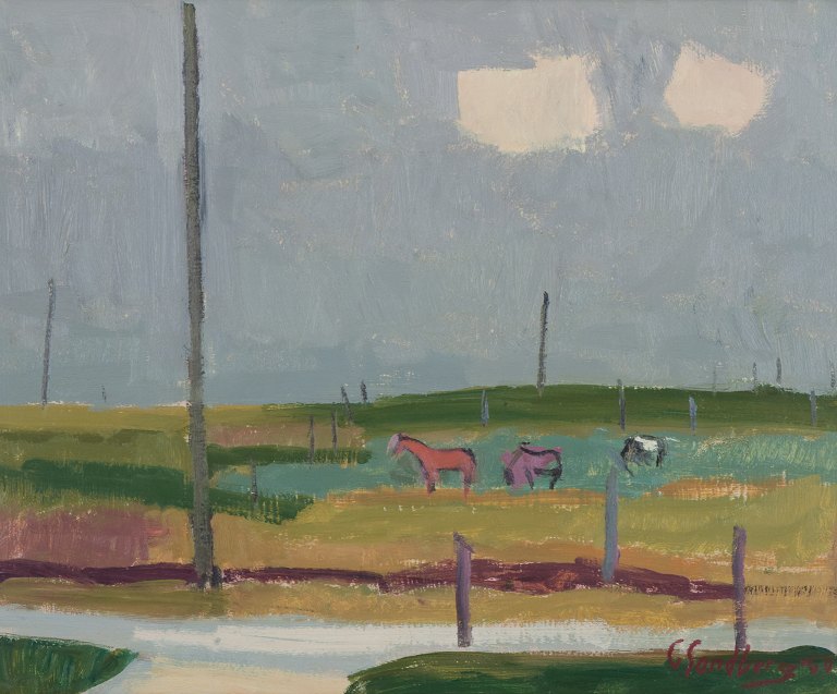 Gotthard Sandberg (1890-1961), svensk kunstner, olie på plade. Modernistisk landskab med heste på eng.