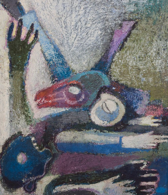 Maj Hemberg, svensk kunstner, olie på plade. Abstrakt komposition. Koloristisk palette. Malet med pastose penselstrøg.