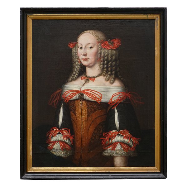 Adelsportræt af kvinde, olie på lærred. Ca. år 1700. Lysmål: 80x66cm. Med ramme: 92x78cm