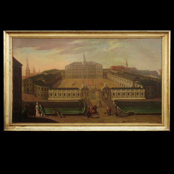 Large view of the castle Christiansborg, Copenhagen, painted circa 1755. Oil on canvas. Visible size: 134x78cm. With frame: 147x91cm