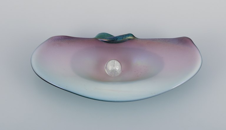 Valentino for Murano, Italy. A rare art glass bowl shaped like a seashell with a loose pearl. Pink and violet tones with a turquoise backside.